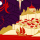 An illustration of a walled city with a walled, domed building at its center, rendered in cream, gold, red, and purple.